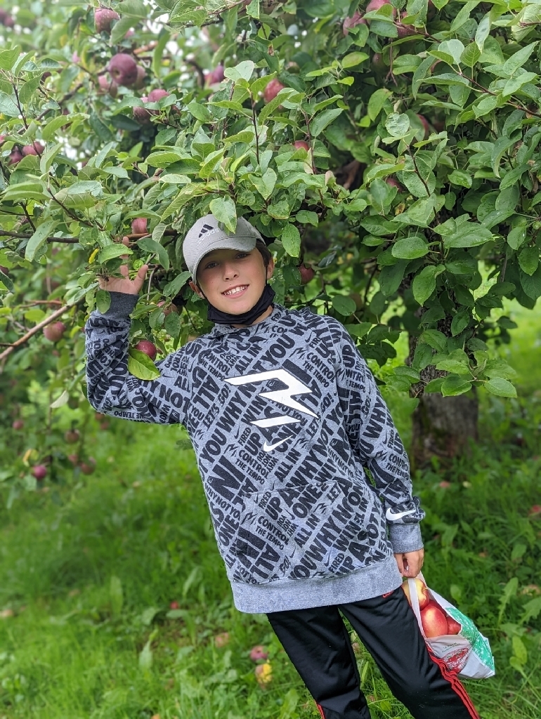 boy in grey sweatshirt at the orchard 