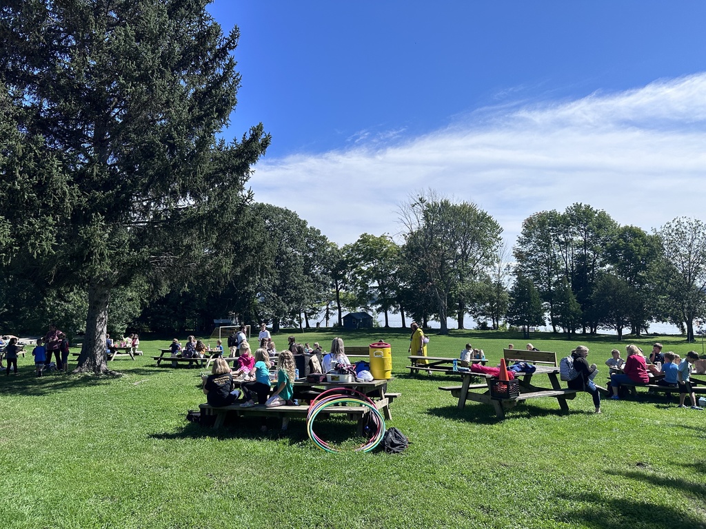 Large group of students sitting on picnic tables at lunch